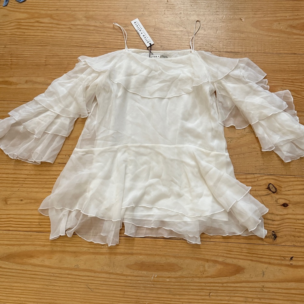 NWT Alice + Olivia Sheer Ruffled Tier Ivory Blouse with Delicate Straps